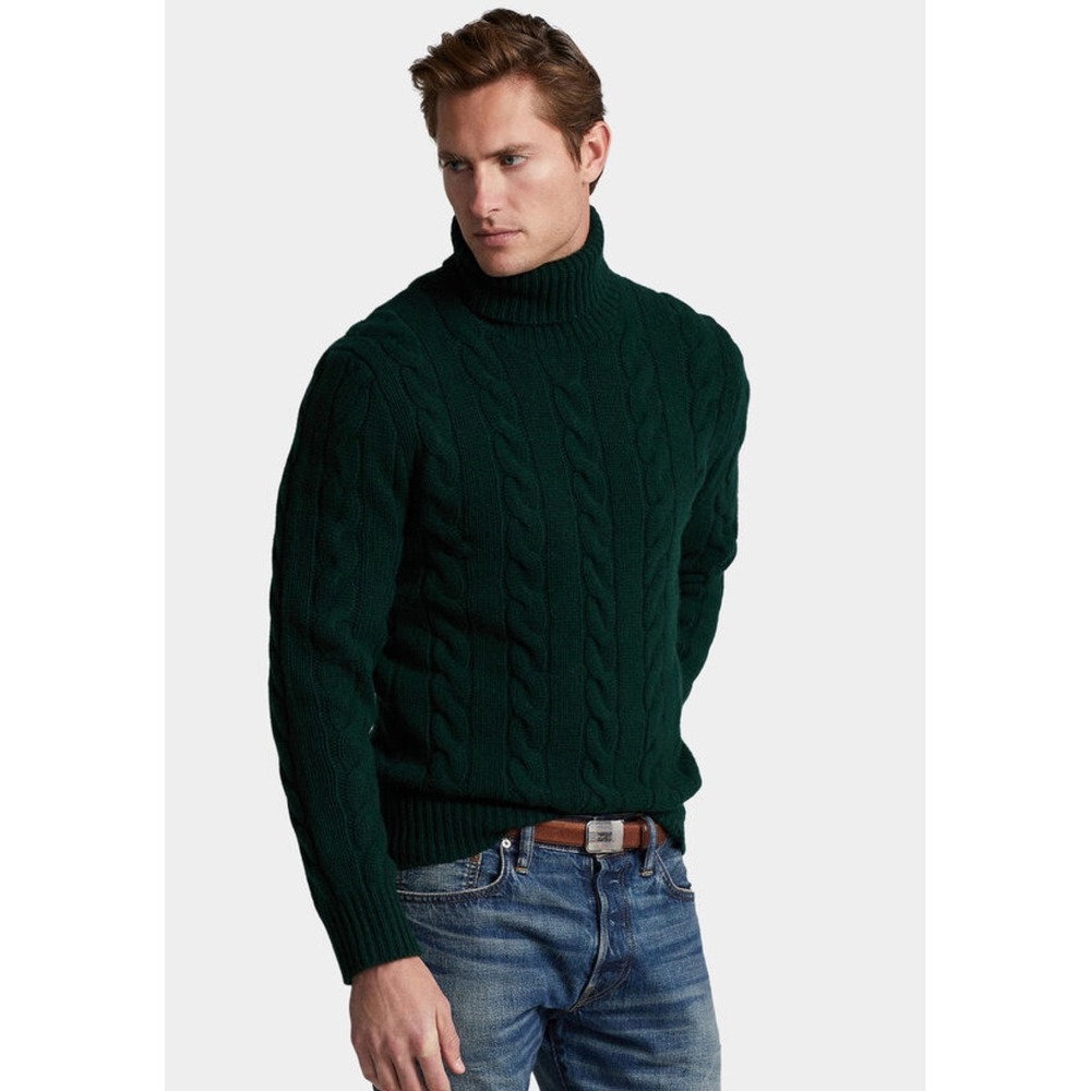 Polo Ralph Lauren Mens Green Wool Cashmere Cable Knit Turtleneck Sweater